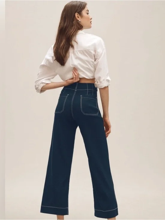 Anthropologie Maeva The Colette Linen Crop Wide Leg Pants Navy Blue Size |28 - Picture 2 of 12